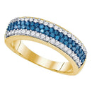10kt Yellow Gold Women's Round Blue Color Enhanced Diamond Striped Band Ring 7/8 Cttw - FREE Shipping (US/CAN)-Gold & Diamond Bands-5-JadeMoghul Inc.