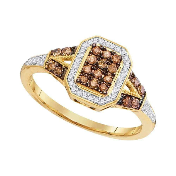 10kt Yellow Gold Womens Round Brown Color Enhanced Diamond Rectangle Cluster Ring 1-3 Cttw-Gold & Diamond Cluster Rings-JadeMoghul Inc.
