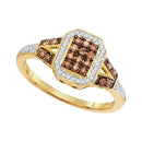 10kt Yellow Gold Womens Round Brown Color Enhanced Diamond Rectangle Cluster Ring 1/3 Cttw-Gold & Diamond Cluster Rings-5-JadeMoghul Inc.