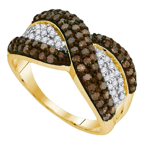 10kt Yellow Gold Womens Round Cognac-brown Color Enhanced Diamond Crossover Stripe Band Ring 1.00 Cttw - FREE Shipping (US/CAN)-Gold & Diamond Bands-5-JadeMoghul Inc.