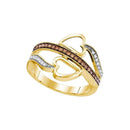 10kt Yellow Gold Women's Round Cognac-brown Color Enhanced Diamond Heart Crossover Ring 1-5 Cttw - FREE Shipping (US/CAN)-Gold & Diamond Heart Rings-JadeMoghul Inc.