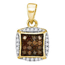 10kt Yellow Gold Women's Round Cognac-brown Color Enhanced Diamond Square Cluster Pendant 1-4 Cttw - FREE Shipping (US/CAN)-Gold & Diamond Pendants & Necklaces-JadeMoghul Inc.
