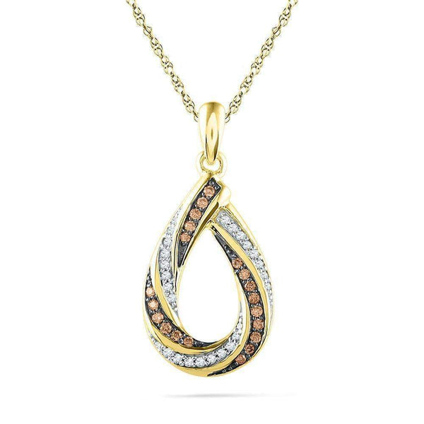 10kt Yellow Gold Women's Round Cognac-brown Color Enhanced Diamond Teardrop Stripe Pendant 1-4 Cttw - FREE Shipping (US/CAN)-Pendants And Necklaces-JadeMoghul Inc.