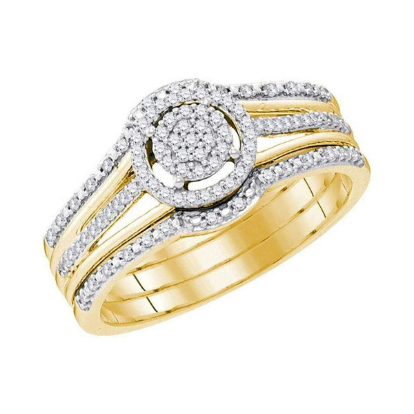 10kt Yellow Gold Womens Round Diamond Cluster 3-Piece Bridal Wedding Engagement Ring Band Set 1/4 Cttw-Gold & Diamond Wedding Ring Sets-6.5-JadeMoghul Inc.