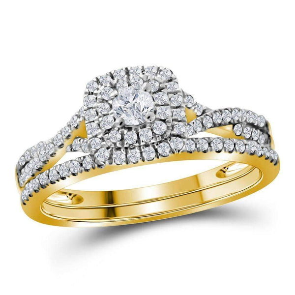 10kt Yellow Gold Womens Round Diamond Halo Bridal Wedding Engagement Ring Band Set 1-2 Cttw-Gold & Diamond Wedding Ring Sets-JadeMoghul Inc.