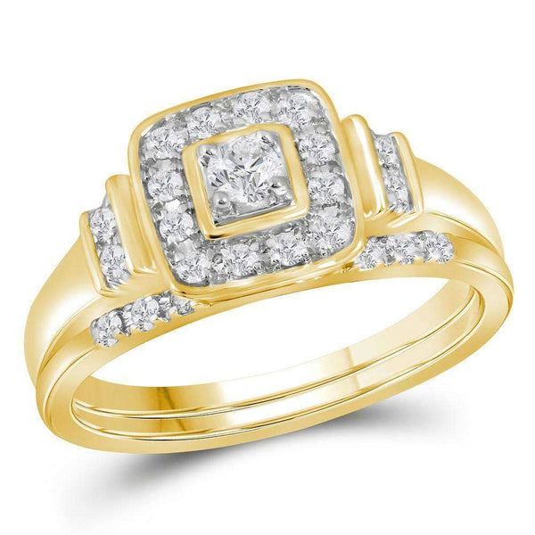 10kt Yellow Gold Womens Round Diamond Solitaire Square Bridal Wedding Engagement Ring Band Set 1/3 Cttw-Gold & Diamond Wedding Ring Sets-8.5-JadeMoghul Inc.