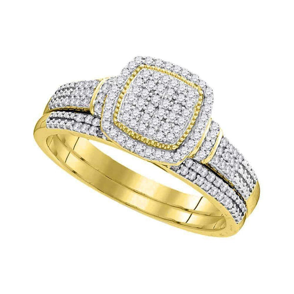 10kt Yellow Gold Womens Round Diamond Square Cluster Bridal Wedding Engagement Ring Band Set 1/3 Cttw-Gold & Diamond Wedding Ring Sets-6-JadeMoghul Inc.