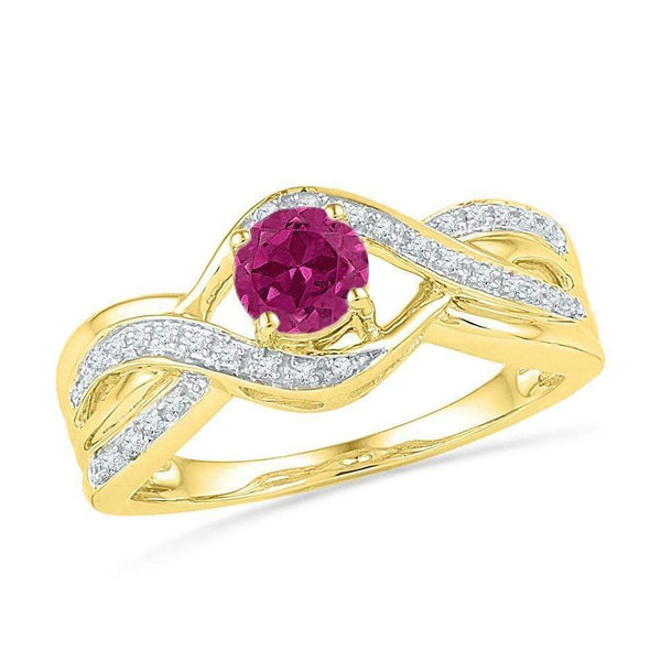 10kt Yellow Gold Women's Round Lab-Created Pink Sapphire Solitaire Diamond Twist Ring 1/10 Cttw - FREE Shipping (US/CAN)-Gold & Diamond Fashion Rings-5-JadeMoghul Inc.
