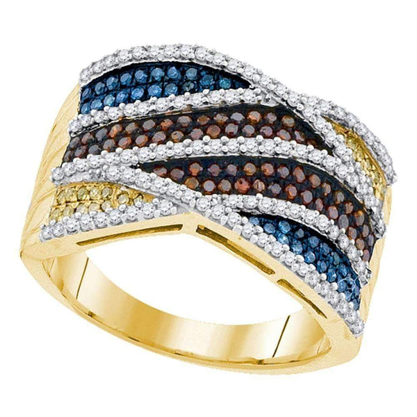 10kt Yellow Gold Women's Round Multicolor Enhanced Diamond Striped Fashion Ring 3/4 Cttw - FREE Shipping (US/CAN)-Gold & Diamond Fashion Rings-5-JadeMoghul Inc.