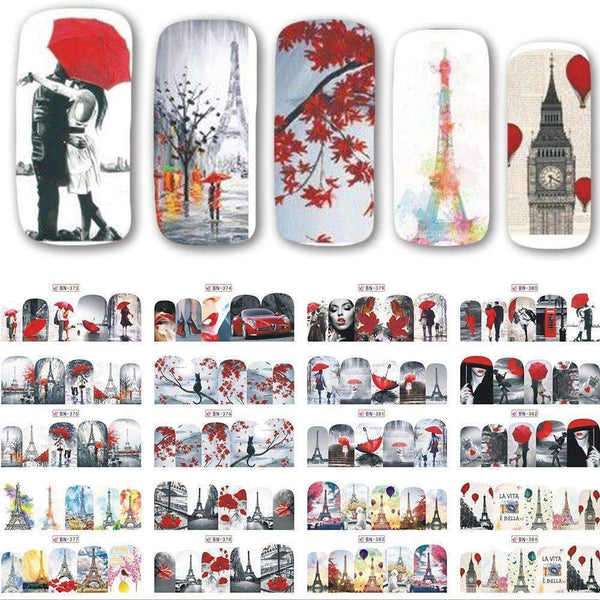 12 Designs/set New Decals Nail Art Water Romantic Red Beauty Lady Transfer Stickers Full Wraps Nail Tips Decoration SABN373-384--JadeMoghul Inc.