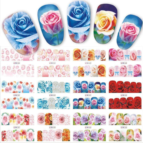 12 Designs/Sets Water Transfer Beautiful Rose Decals Full Decals Nail Sticker Mixed Colorful Flower Nail Art DIY Decor BN553-564--JadeMoghul Inc.