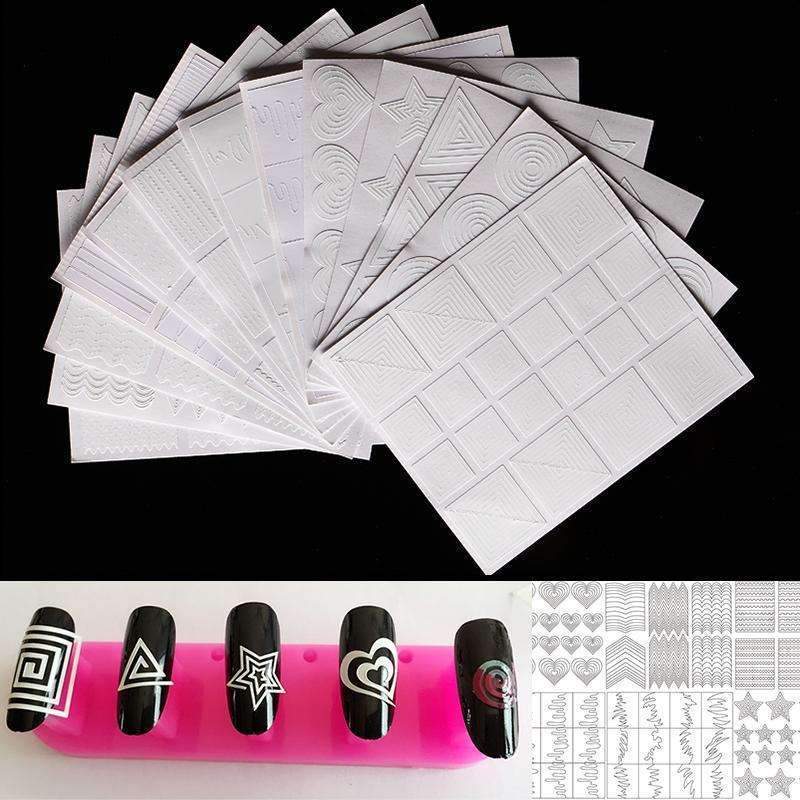 12 Style Nail Art Hollow Stencil Guide Sticker Set Gel Polish French Smile 3D DIY Image Foil Transfer Strip Template Form Decals--JadeMoghul Inc.
