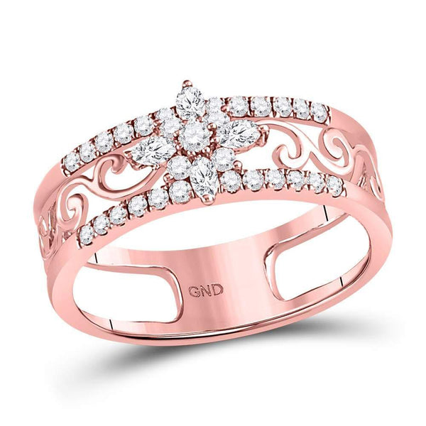 14kt Rose Gold Women's Marquise Diamond Cluster Curl Scroll Band Ring 1/2 Cttw-Gold & Diamond Rings-JadeMoghul Inc.