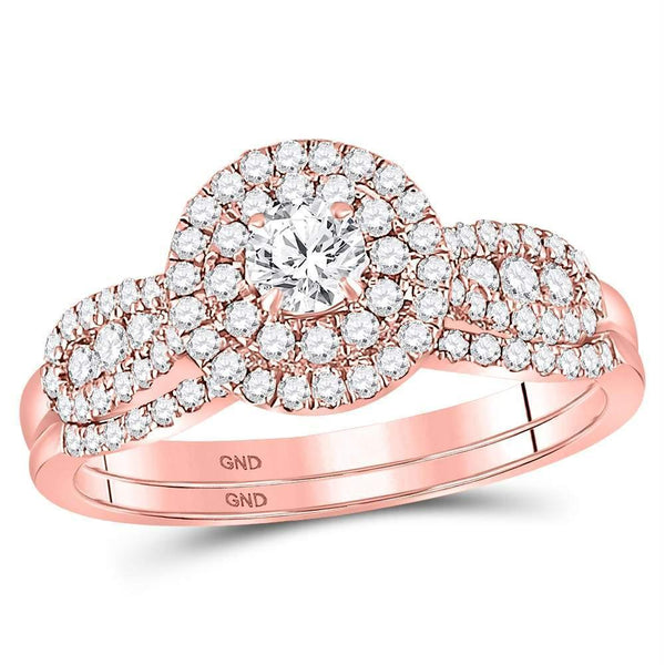 14kt Rose Gold Womens Round Diamond Halo Bridal Wedding Engagement Ring Band Set 3-4 Cttw-Gold & Diamond Wedding Ring Sets-JadeMoghul Inc.
