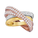 14kt Tri-Tone Gold Womens Round Diamond Fashion Crossover Band Ring 1-1-4 Cttw-Gold & Diamond Fashion Rings-JadeMoghul Inc.