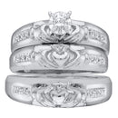 14kt White Gold His & Hers Round Diamond Claddagh Matching Bridal Wedding Ring Band Set 1/8 Cttw - FREE Shipping (US/CAN)-Gold & Diamond Trio Sets-5-JadeMoghul Inc.