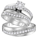 14kt White Gold His & Hers Round Diamond Cluster Matching Bridal Wedding Ring Band Set 1.00 Cttw - FREE Shipping (US/CAN)-Gold & Diamond Trio Sets-5-JadeMoghul Inc.