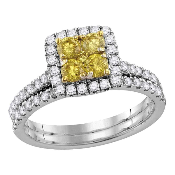 14kt White Gold Womens Canary Yellow Diamond Square Cluster Bridal Wedding Ring Set 1-1/4 Cttw-Gold & Diamond Wedding Ring Sets-6-JadeMoghul Inc.