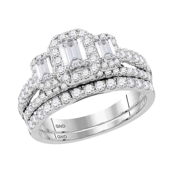 14kt White Gold Womens Emerald Diamond 3-Stone Bridal Wedding Engagement Ring Band Set 1-1-2 Cttw-Gold & Diamond Wedding Ring Sets-JadeMoghul Inc.