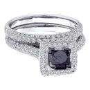 14kt White Gold Women's Princess Black Color Enhanced Diamond Bridal Wedding Engagement Ring Band Set 1-1/4 Cttw - FREE Shipping (US/CAN)-Gold & Diamond Wedding Ring Sets-6-JadeMoghul Inc.