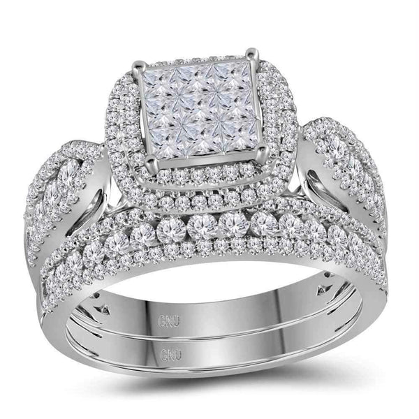 14kt White Gold Womens Princess Diamond Bridal Wedding Engagement Ring Band Set 1-1-2 Cttw-Gold & Diamond Wedding Ring Sets-JadeMoghul Inc.