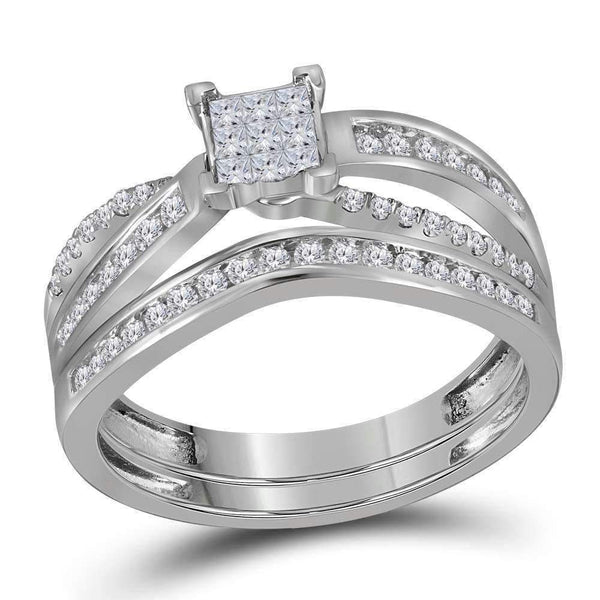 14kt White Gold Womens Princess Diamond Bridal Wedding Engagement Ring Band Set 1-2 Cttw-Gold & Diamond Wedding Ring Sets-JadeMoghul Inc.