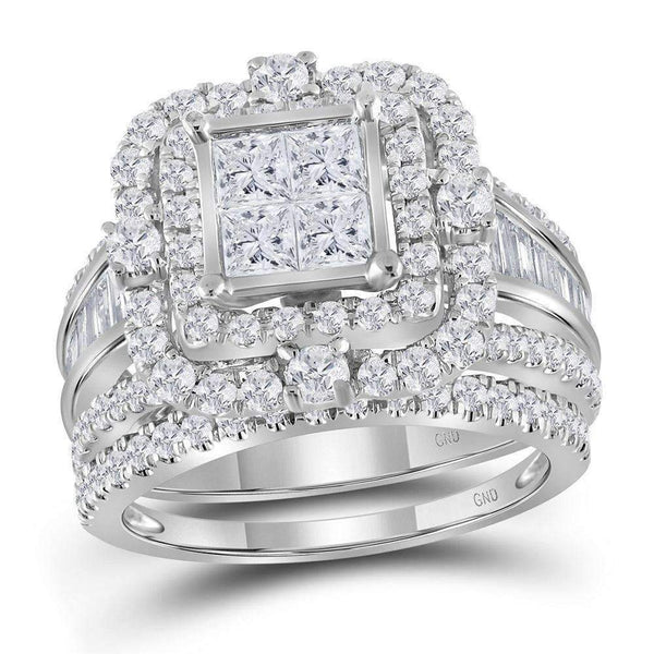 14kt White Gold Womens Princess Diamond Cluster Bridal Wedding Engagement Ring Band Set 2-1-4 Cttw-Gold & Diamond Wedding Ring Sets-JadeMoghul Inc.