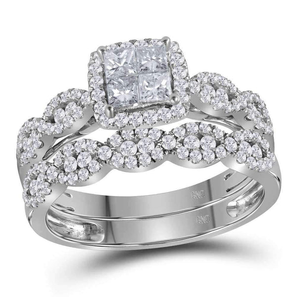 14kt White Gold Womens Princess Diamond Halo Bridal Wedding Engagement Ring Band Set 1.00 Cttw-Gold & Diamond Wedding Ring Sets-5-JadeMoghul Inc.