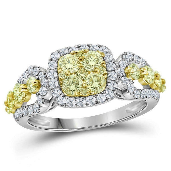 14kt White Gold Womens Round Canary Yellow Diamond Cluster Ring 1-1-3 Cttw-Gold & Diamond Cluster Rings-JadeMoghul Inc.