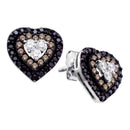 14kt White Gold Women's Round Cognac-brown Black Color Enhanced Diamond Heart Cluster Earrings 1-2 Cttw - FREE Shipping (US/CAN)-Gold & Diamond Earrings-JadeMoghul Inc.