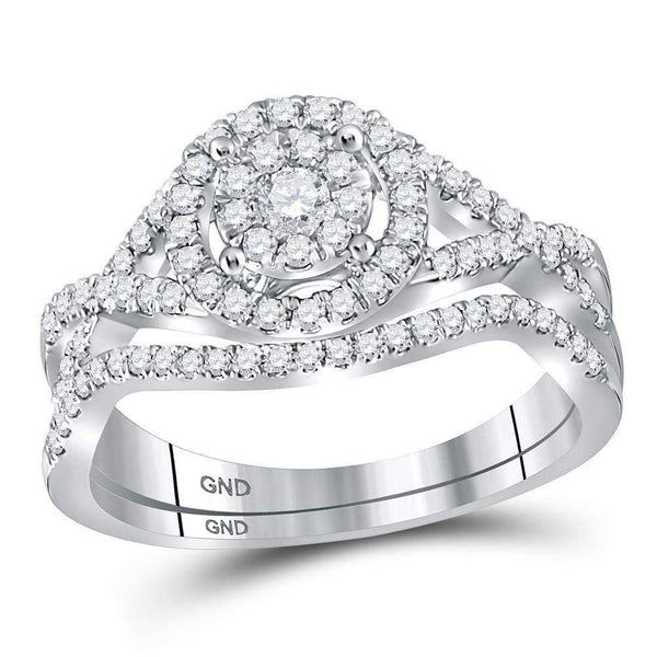 14kt White Gold Womens Round Diamond Cluster Bridal Wedding Engagement Ring Band Set 1-2 Cttw-Gold & Diamond Wedding Ring Sets-JadeMoghul Inc.