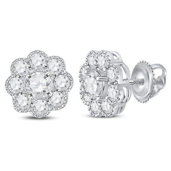 14kt White Gold Womens Round Diamond Flower Cluster Stud Earrings 1.00 Cttw-Gold & Diamond Earrings-JadeMoghul Inc.
