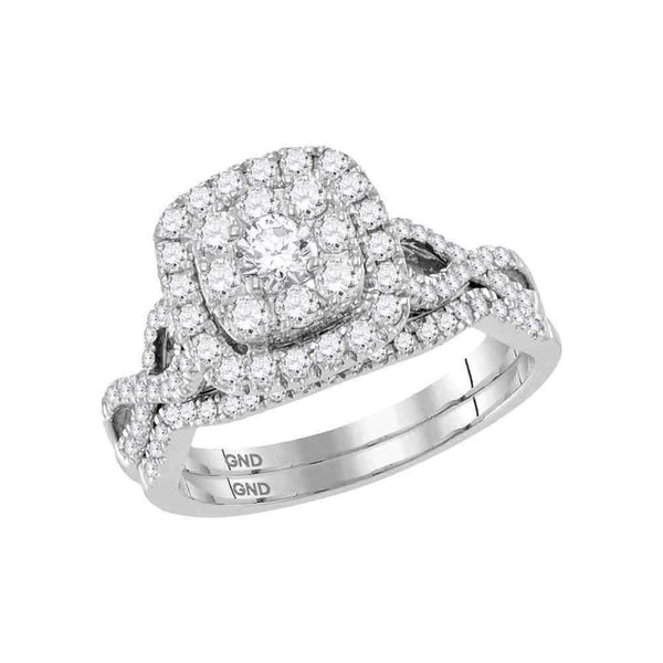 14kt White Gold Womens Round Diamond Halo Bridal Wedding Engagement Ring Band Set 1.00 Cttw-Gold & Diamond Wedding Ring Sets-JadeMoghul Inc.