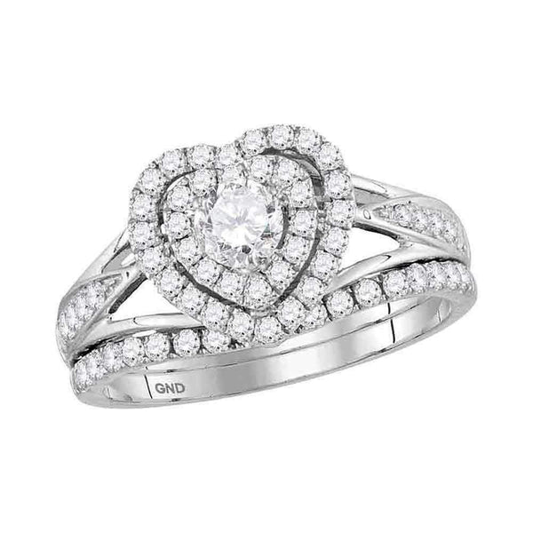 14kt White Gold Womens Round Diamond Heart Bridal Wedding Engagement Ring Band Set 1.00 Cttw-Gold & Diamond Wedding Ring Sets-JadeMoghul Inc.