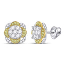 14kt White Gold Women's Yellow Diamond Flower Cluster Earrings 5/8 Cttw-Gold & Diamond Earrings-JadeMoghul Inc.