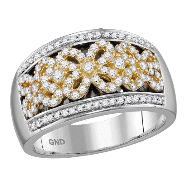 14kt White Yellow-tone Gold Women's Round Diamond Flower Double Row Band 1/2 Cttw - FREE Shipping (US/CAN)-Gold & Diamond Bands-6-JadeMoghul Inc.