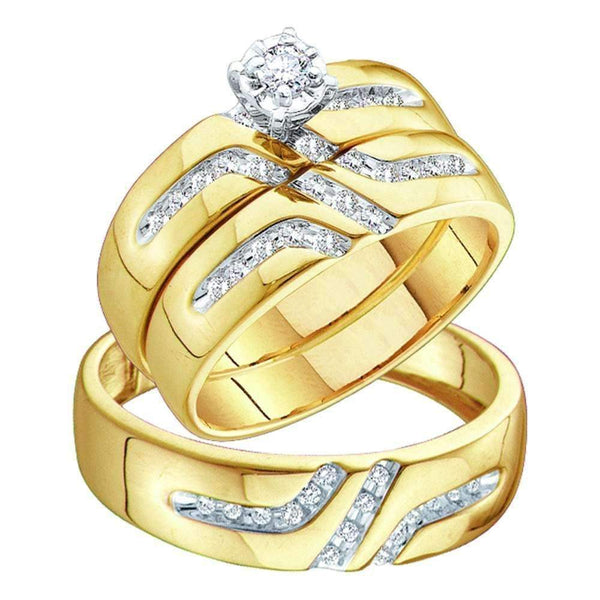 14kt Yellow Gold His & Hers Round Diamond Solitaire Matching Bridal Wedding Ring Band Set 1/4 Cttw - FREE Shipping (US/CAN)-Gold & Diamond Trio Sets-6-JadeMoghul Inc.