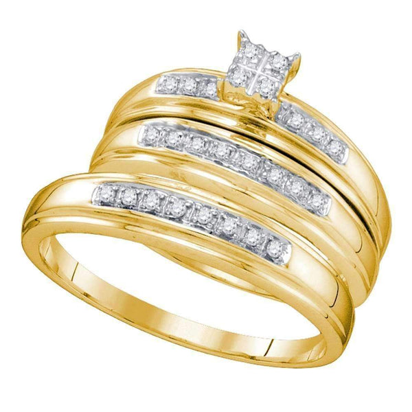 14kt Yellow Gold His & Hers Round Diamond Square Cluster Matching Bridal Wedding Ring Band Set 1/5 Cttw - FREE Shipping (US/CAN)-Wedding Jewelry-5-JadeMoghul Inc.