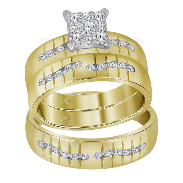14kt Yellow Gold His & Hers Round Diamond Square Cluster Matching Bridal Wedding Ring Band Set 5/8 Cttw - FREE Shipping (US/CAN)-Gold & Diamond Trio Sets-8-JadeMoghul Inc.