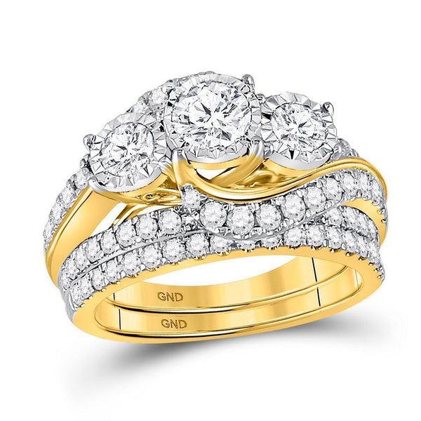 14kt Yellow Gold Women's Diamond 3-Stone Bridal Wedding Ring Set 2.00 Cttw-Gold & Diamond Wedding Jewelry-JadeMoghul Inc.