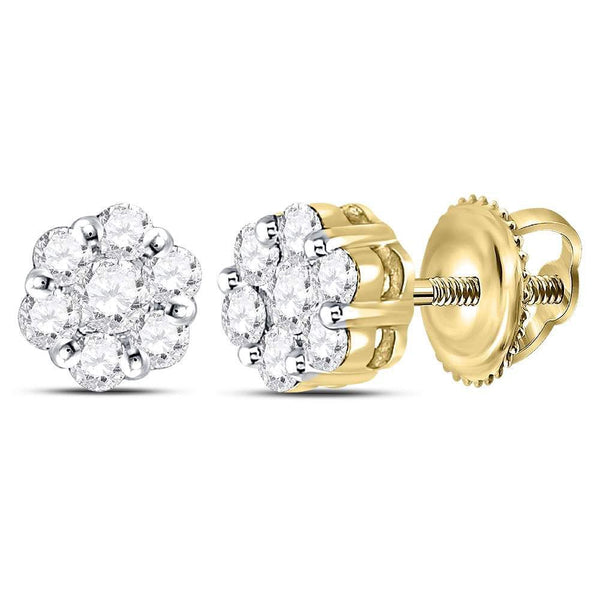 14kt Yellow Gold Women's Diamond Flower Cluster Earrings 1/2 Cttw-Gold & Diamond Earrings-JadeMoghul Inc.