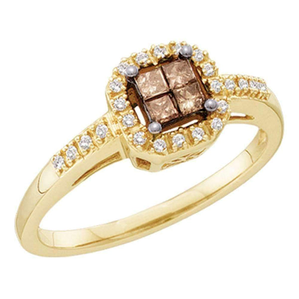 14kt Yellow Gold Womens Princess Cognac-brown Color Enhanced Diamond Cluster Ring 1/4 Cttw-Gold & Diamond Fashion Rings-5-JadeMoghul Inc.