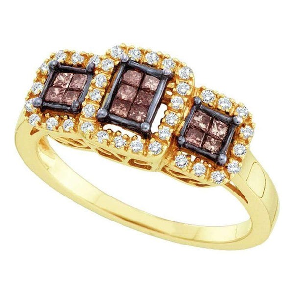14kt Yellow Gold Women's Princess Cognac-brown Color Enhanced Diamond Triple Cluster Ring 3-8 Cttw - FREE Shipping (US/CAN)-Gold & Diamond Fashion Rings-JadeMoghul Inc.