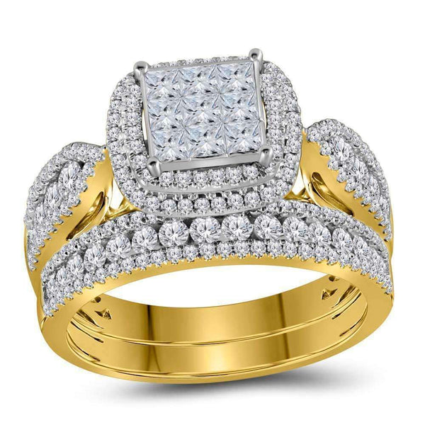 14kt Yellow Gold Womens Princess Diamond Bridal Wedding Engagement Ring Band Set 1-1-2 Cttw-Gold & Diamond Wedding Ring Sets-JadeMoghul Inc.