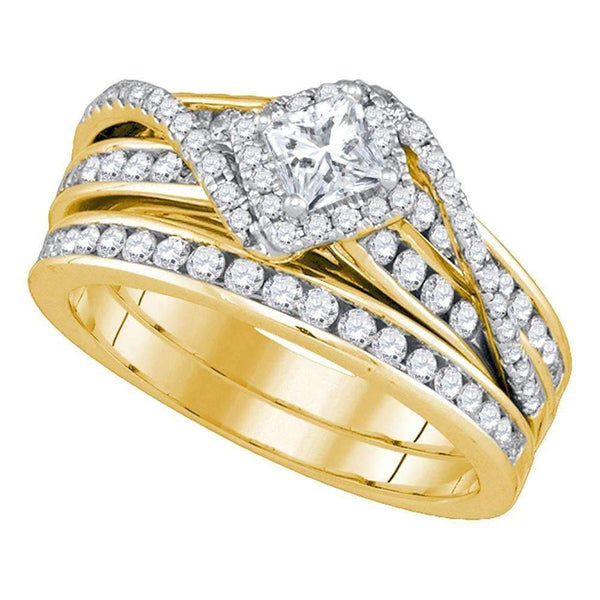 14kt Yellow Gold Womens Princess Diamond Bridal Wedding Engagement Ring Band Set 1-1/4 Cttw-Gold & Diamond Wedding Ring Sets-6-JadeMoghul Inc.