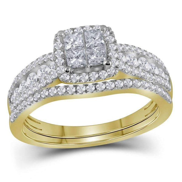 14kt Yellow Gold Womens Princess Diamond Halo Bridal Wedding Engagement Ring Band Set 1.00 Cttw-Gold & Diamond Wedding Ring Sets-JadeMoghul Inc.