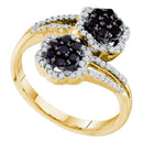14kt Yellow Gold Women's Round Black Color Enhanced Diamond Flower Cluster Bypass Ring 1/2 Cttw - FREE Shipping (USA/CAN)-Gold & Diamond Cluster Rings-5-JadeMoghul Inc.