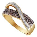 14kt Yellow Gold Women's Round Cognac-brown Color Enhanced Diamond Crossover Band Ring 1/2 Cttw - FREE Shipping (US/CAN)-Gold & Diamond Bands-5-JadeMoghul Inc.