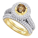 14kt Yellow Gold Women's Round Cognac-brown Color Enhanced Diamond Halo Bridal Wedding Engagement Ring Band Set 2.00 Cttw - FREE Shipping (US/CAN)-Gold & Diamond Wedding Ring Sets-8.5-JadeMoghul Inc.