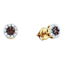 14kt Yellow Gold Women's Round Color Enhanced Brown Diamond Flower Cluster Earrings 1-1-2 Cttw - FREE Shipping (USA/CAN)-Gold & Diamond Earrings-JadeMoghul Inc.